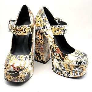 Bamboo Women Baroque Tiger Print Platform Chunky Heel Pumps White Gold Size 6